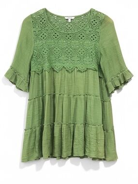 Jodifl Tiered Lace Inset Babydoll Top Green Women’s Size Medium